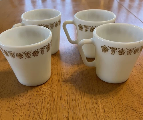 Pyrex Corning Corelle Butterfly Gold (Set of 4) D Handle Coffee Mugs Cups #1410