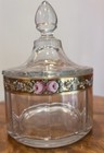Ancien bonbonnière pot d'apothicaire en verre années 1920 avec couvercle émail floral bordure dorée