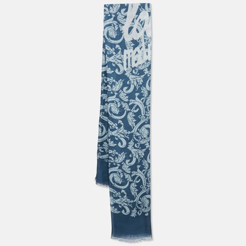 Bufanda con flecos de algodón y cachemir con estampado azul Loewe