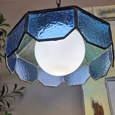 Vintage Blue Green Stained Slag Glass Swag Hanging Pendant Plug In Light 12”