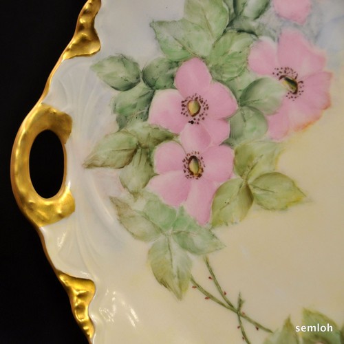 Bavaria Hutschenreuther 11" Cake Plate Hand Painted Pink Roses w/Gold 1932-1939 - Picture 3 of 12