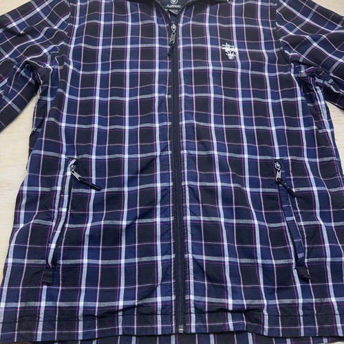 Giacca Stussy cotone a quadri a quadri zip intera XL viola e blu maniche cerniere - Foto 7 di 24