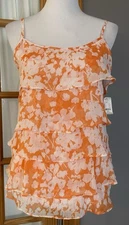 New York & Co Layered Floral Blouse Womens Sz S Orange Cottage Fairy Romantic