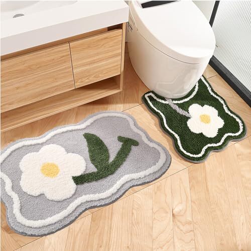 Bathroom Rug Set 2 Piece, Soft Cute Bath Mat and U Grey 32x20" + Green 22x20" - Picture 4 of 7