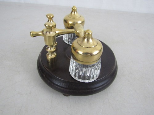 Soporte doble tintero de madera y latón macizo pulido - estilo antiguo vintage - Imagen 7 de 10