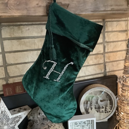VINTAGE TARGET GREEN VELVET MONOGRAM Silver Jeweled H CHRISTMAS STOCKING TASSELS