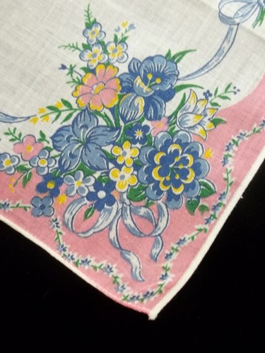 Vintage Blue Pink Yellow Flower Print Hankie Floral Printed Handkerchief 295 - Picture 1 of 10