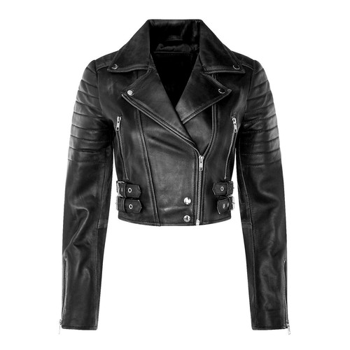 Women leather Genuine Black Leather Black Cropped Biker Classic Jacket