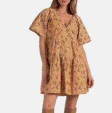 Elan Womens Cotton Short Tunic Dress Gold Folk Floral Size Medium