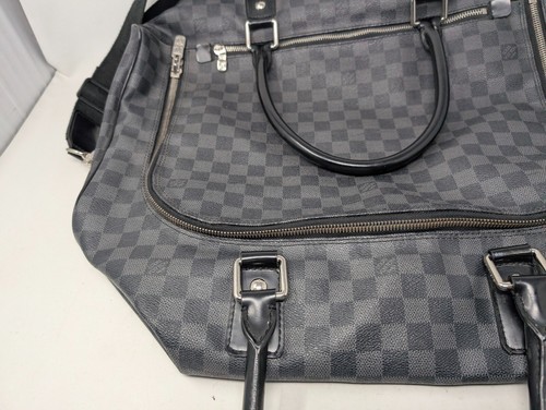 LV Louis Vuitton Black Leather Duffel Bag Checker Pattern 12" x 19" x 10" (UU) - Picture 6 of 18
