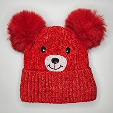 Red Kids Teddy Bear Knit Pom Pom Beanie Sherpa Lined Soft  Warm Winter Hat Gift