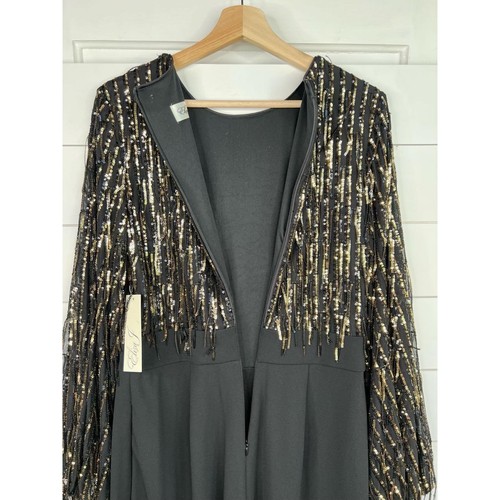 Eliza J Black Sequin Fringe Top Long Sleeve Embellished Formal Jumpsuit Size 10 - Picture 10 of 11