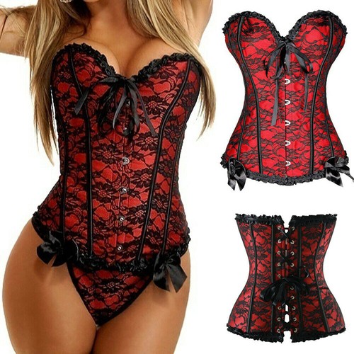 Women Sexy Lace Up Overbust Boned Corset Bustier Burlesque Basque Wasit Trainer - Picture 4 of 30