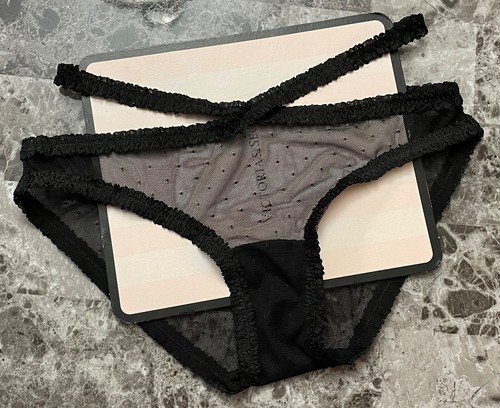 NWT VICTORIA'S SECRET BLACK POLKA DOT DOTTED MESH RUFFLE STRAPPY BIKINI PANTIES - Picture 1 of 4