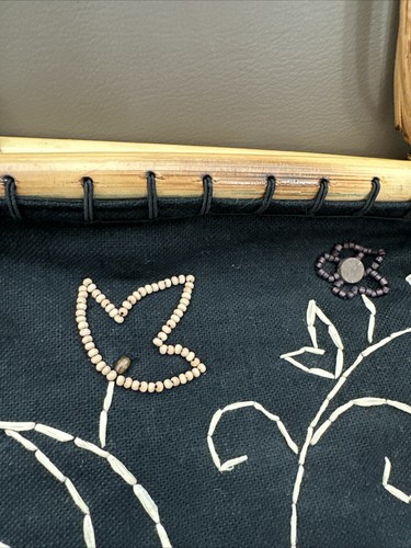 Vintage St. Johns Bay Black Woven Floral Purse Handbag Wood Handle Beaded - Picture 4 of 12