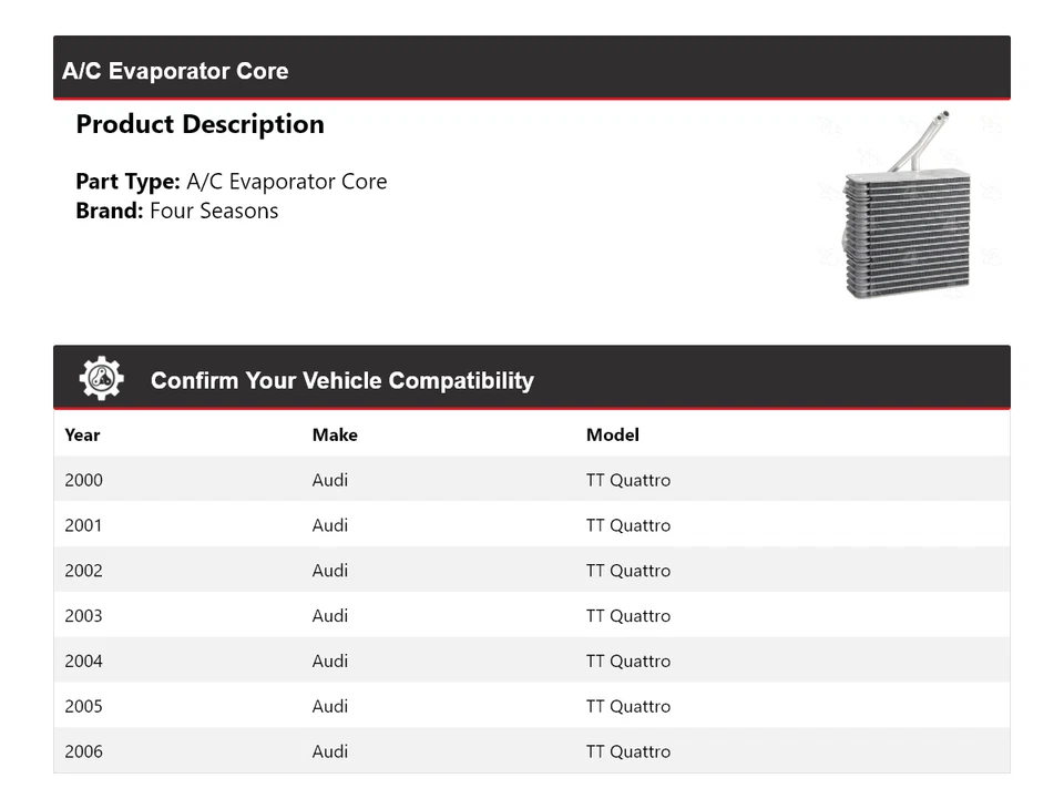 Núcleo evaporador aire acondicionado Audi TT Quattro 2000-2006 4 estaciones 2001 2002 2003 2004 Foto 2 de 4