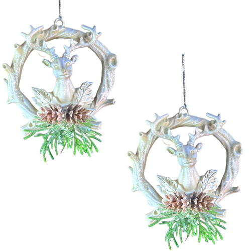 Kurt Adler Plastic Wreath Deer Head Ornament Set 2 Pinecones 3.5" Christmas - Foto 1 di 12