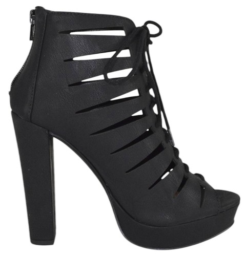 Delicious Women Block High Heel Cutout Sandals Open Toe Back Zip Lace ZEUS Black - Picture 3 of 5