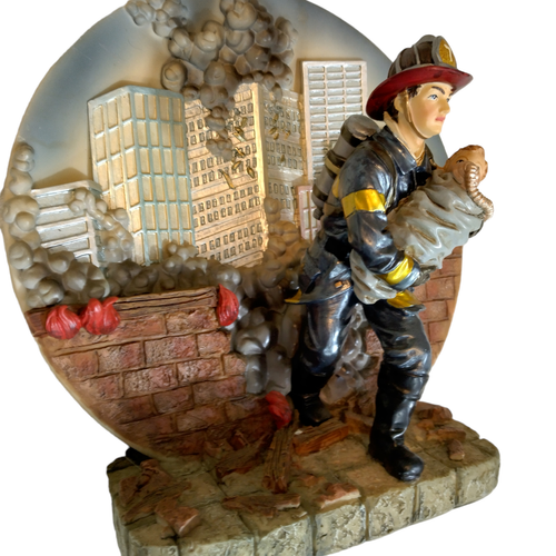 Vtg Fire Fighter Saving a Child Statue Figurine 3D Resin Decorative Plaque 8" - Picture 3 of 7
