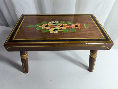 VINTAGE WOODEN HAND-PAINTED FLORAL RECTANGLE STOOL 12"x7-1/8"x7"