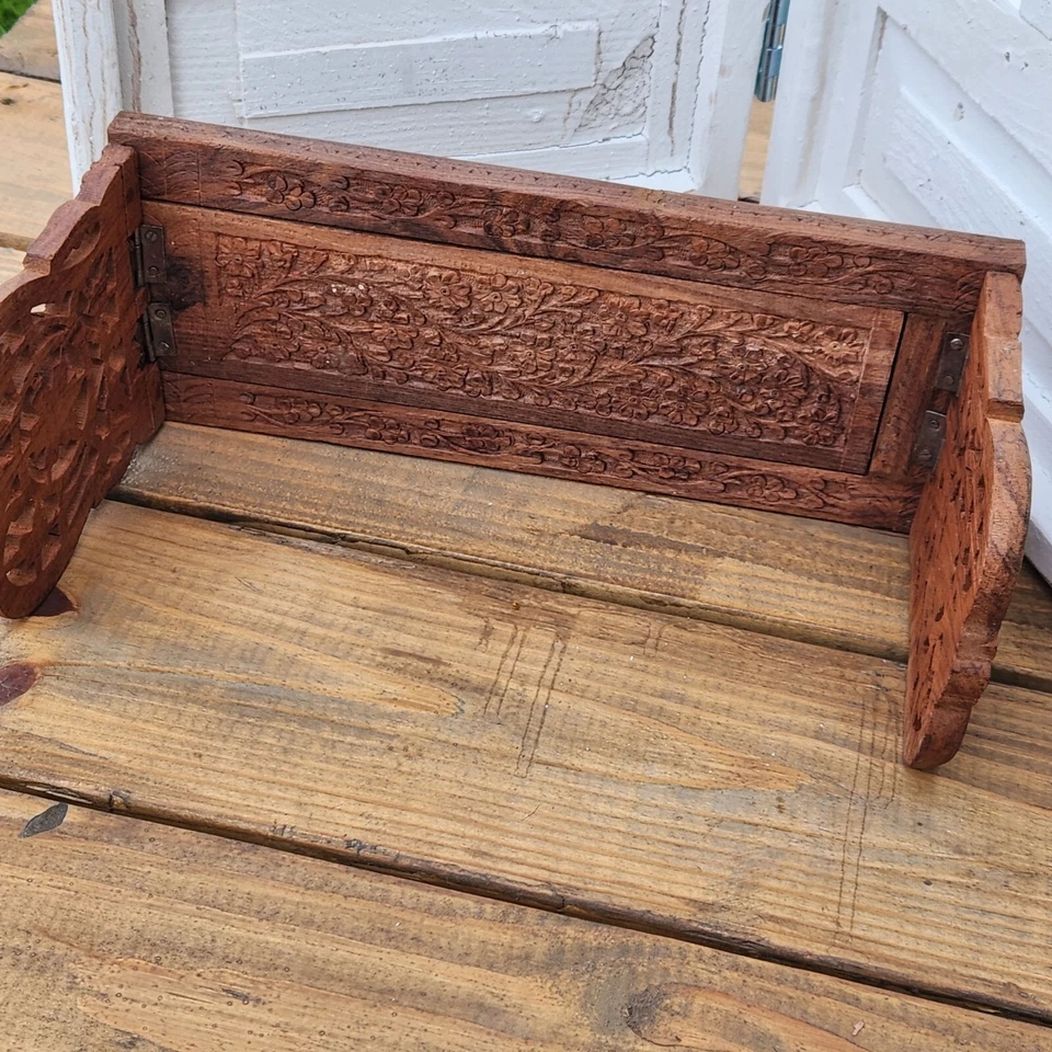 Estuche Sujetalibros Vintage Madera Tallada a Mano Boho Mesa Expandible Diseño Floral Foto 2 de 4