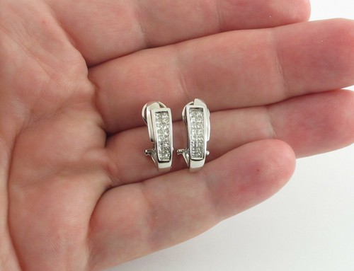 14k White Gold Diamond Hoop Huggie Earrings - Picture 2 of 10
