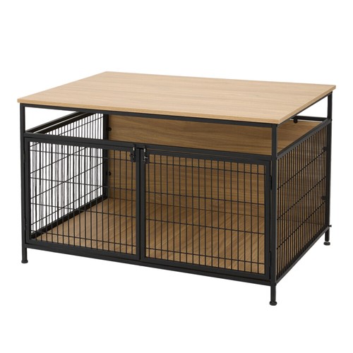 Dog Crate Furniture Large Double Cage Lockable Indoor Metal Frame Wood Finish - Picture 3 of 19