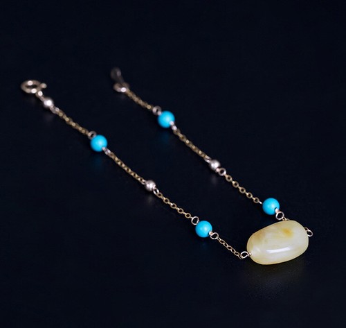 I04 Armband Sterling Silber 925 vergoldet honiggelber Bernstein und Türkisperlen - Bild 8 von 12