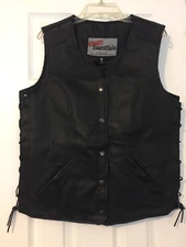 Street Essentials Women's Black Soft Leather Concealed Carry Biker Vest Size Med