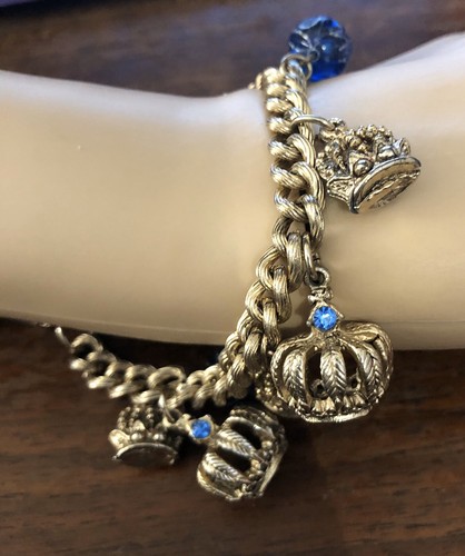 Vintage Armband goldfarben mit Kronen, Kugeln und blauen Strasssteinen - Bild 3 von 12