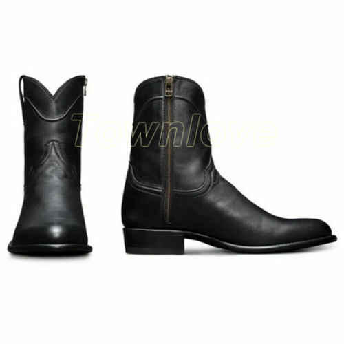 Hombres NUEVO Talla Cuero Vaquero Occidental Botas Cortas de Pantorrilla Tacón Plano Botines - Imagen 5 de 17