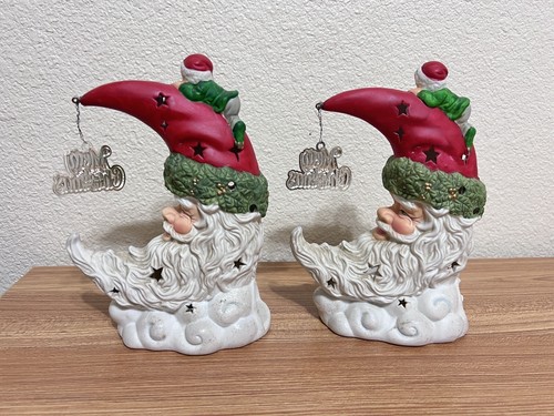 2 Santa Half Moon and Elves Ceramic Tea Light Candle Holder Christmas 8" - Picture 4 of 16