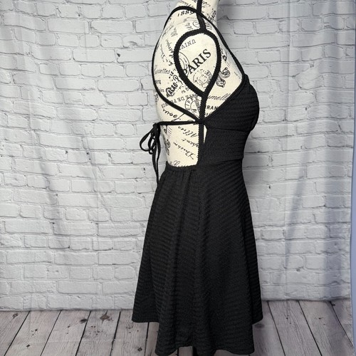Little Black Dress Spaghetti Strap Tie Accent Backless Halter A-Line Mini Dress - Picture 10 of 12