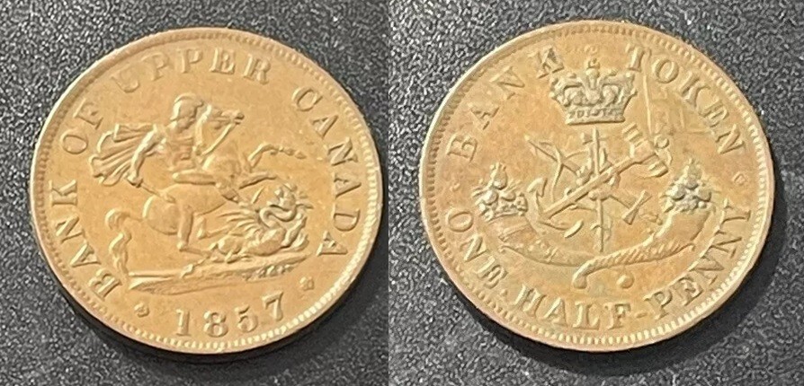 1857 Upper Canada Bank 1/2 Penny token St.George/Crown/Cornucopia