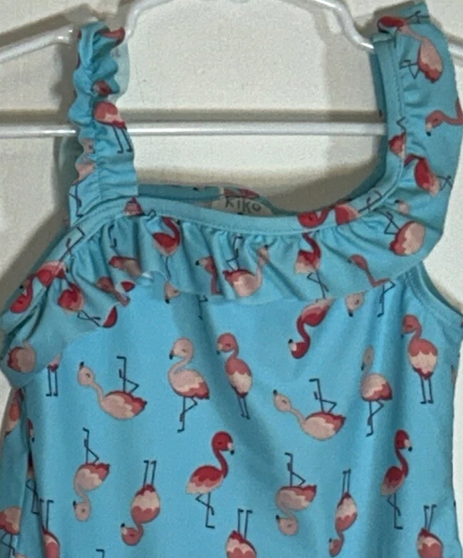 Kiko & Max Little Girl Sz 5 Swim Suit One Piece Light Blue Pink Flamingos Ruffle - Image 3 of 4