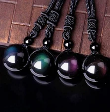 2025NEW! Natural 16mm Rainbow Obsidian Stone Bead Pendant Necklace Gift