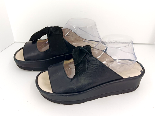 LONDON FLY Bade Bow Wedge Sandal Slide Black Leather Black Suede Bow Sz 41 - Picture 2 of 13