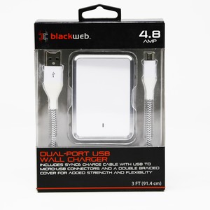 BlackWeb-Dual-Port-USB-Wall-Charger-White-4-8-AMP-w-3-ft-Sync-Charge-Cable