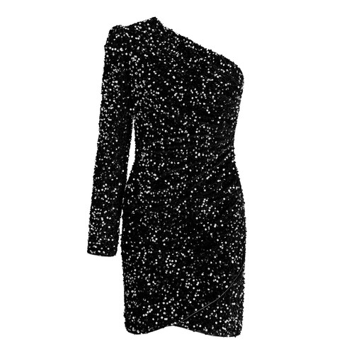 Women Sexy Sparkly Sequins Dress One Shoulder Ruched Bodycon Long Sleeve Dress - Picture 15 of 41
