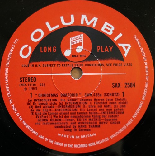 SAX 2584 Schutz Christmas Oratorio Edith Mathis Hans Thamm Columbia Stereo ED1 - Picture 3 of 8