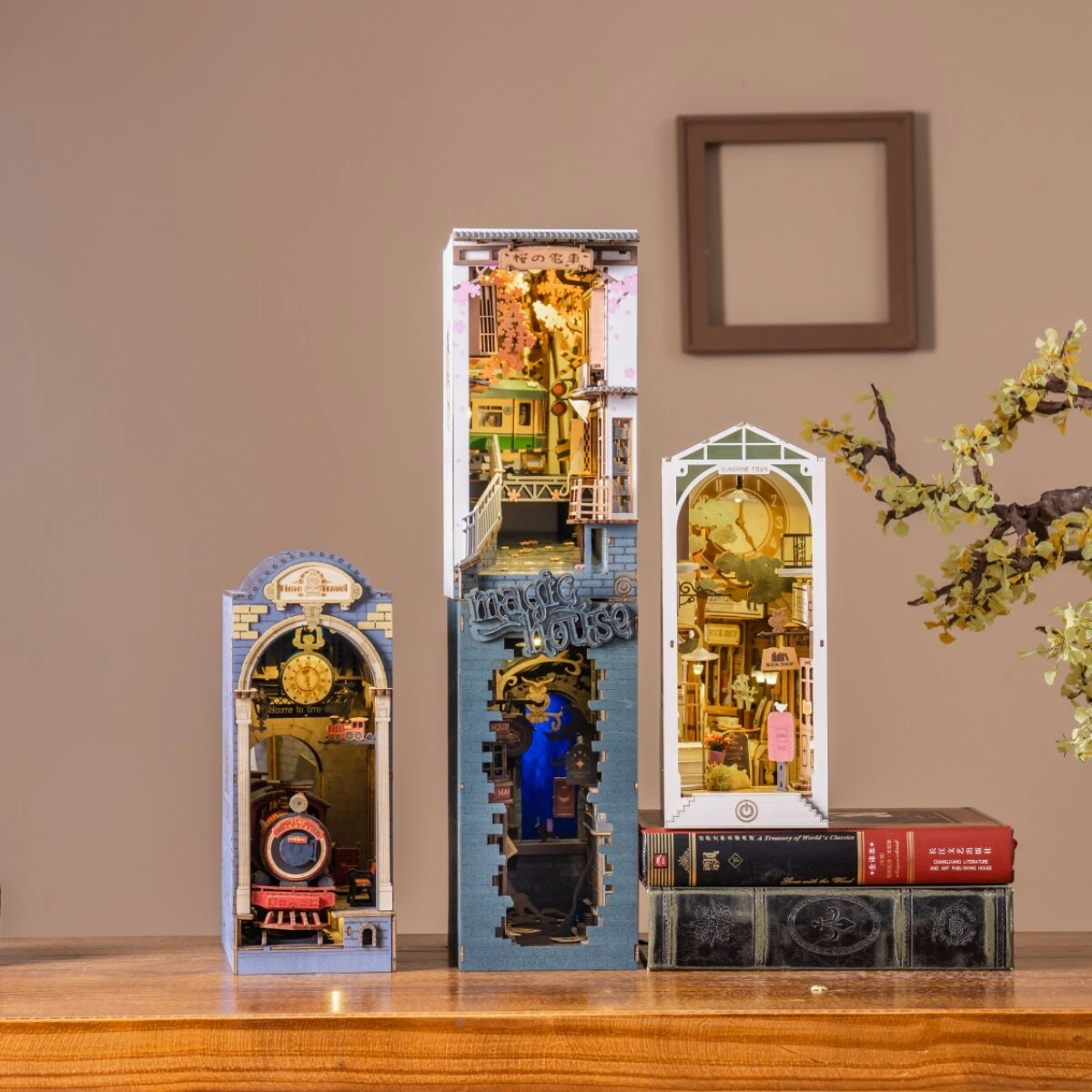 Robotime DIY Book Nook Kit 3D Wooden Puzzle Bookshelf Insert Decor LED Light