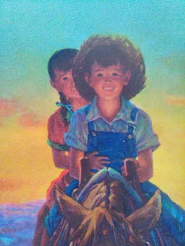 Vintage 30er-40er Jahre Druck mit dem Titel Home From The Fields, Pferd und Kinder, #5088 - Bild 2 von 6