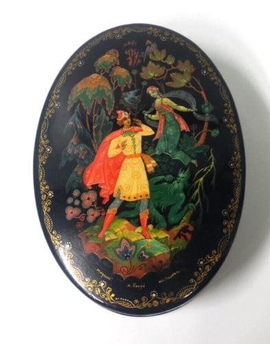Vintage Russian Kholui Village Lacquered Hand Painted Fairytale Keepsake Box