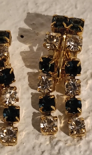 Antique old vintage jewelry pair of earrings golden metal glass transparent blue - Picture 2 of 5