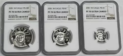 2001 W $100 $50 $10 Proof Platinum Eagle NGC PF70 UCAM Coin Set 1.0, 0.5, 0.10