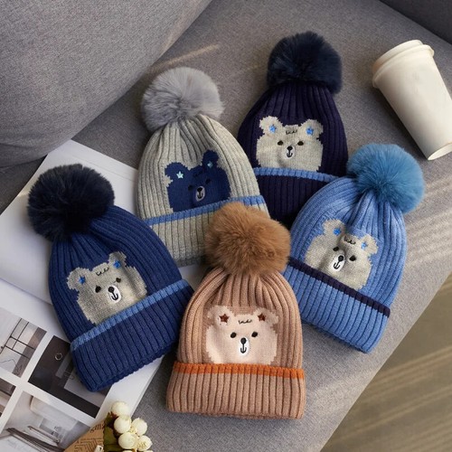 Winter Baby Boy Hat with Earflap Fur Ball Knitted Kids Beanie Caps Toddler Bonne - Picture 21 of 28