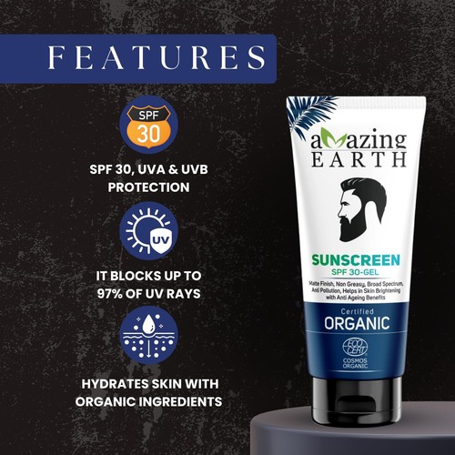 Sunscreen for Men SPF 30 Gel Cream Certified Organic 100 gm Tan & Skin care - Picture 2 of 8
