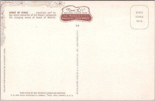 Postal de "Surf en HAWAII" Waikiki Beach Surfers Nani Li'i S-8 de la década de 1950 - sin usar - Imagen 2 de 2