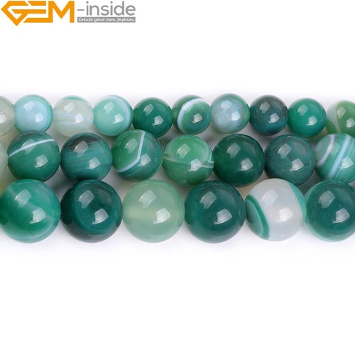 Natural Gemstone Green Stripe Banded Agate Round Beads For Jewellery Making 15"U - Picture 3 of 36