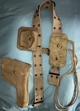 Original WWII British Web Belt ,Ammo Pouches, Webley holster, lanyard 1941-42